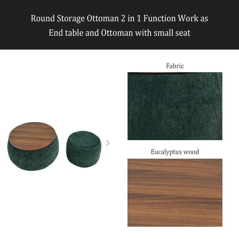 Round Storage Ottoman, 2 In 1 Function, Work As End Table And Ottoman,With Small Seat, Green