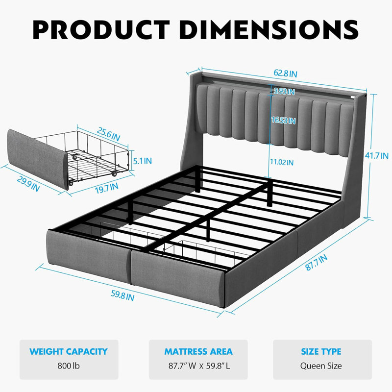 Upholstered Bed Frame with 2 Storage Drawers and Storage Headboard, Built-In LED Lights and Charging Station, Queen