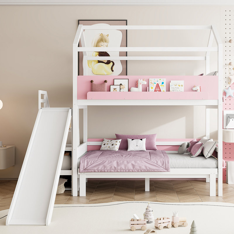 Lit superposé simple au dessus d'un lit simple / double avec glissade et escalier de rangement, structure de lit pour enfant en bois, blanc et rose