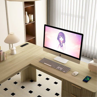 L Shaped Desk,Computer Desk with Drawers,Bookshelf,Modern Corner Desk,Home Office Desk,L-Shaped Study Table Writing Desk,Corner Gaming Computer Desk with Storage
