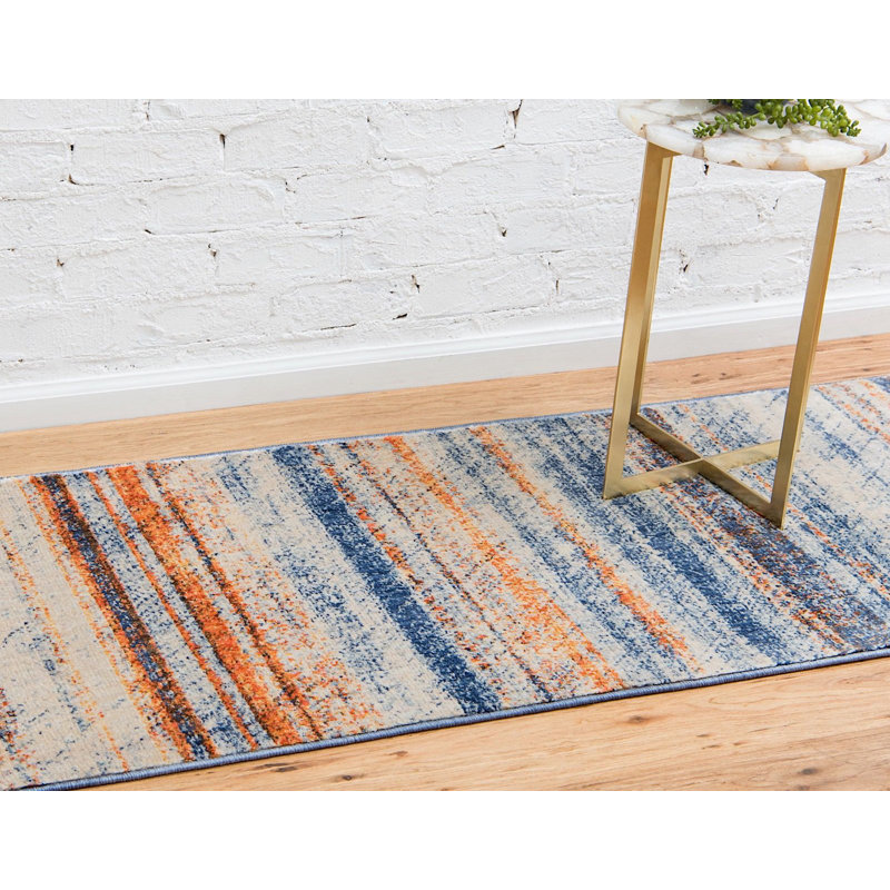 Tapis rayé bleu / orange / beige Aldana, Rectangle 4 pi x 6 pi
