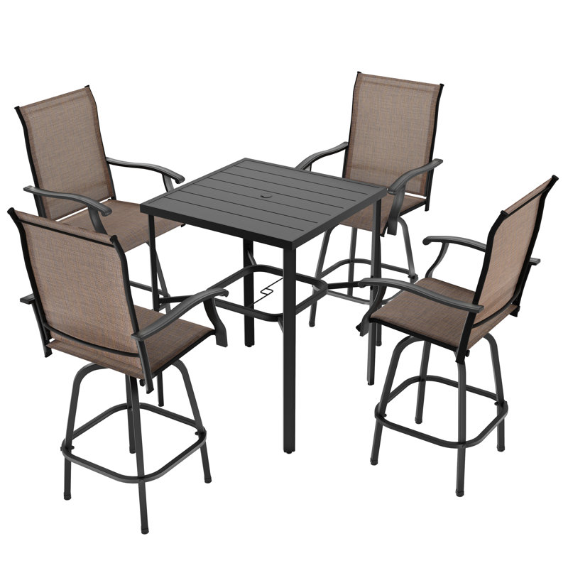 Outdoor 5-Piece PVC-coated polyester Bar Set, Swivel Bar Stools and Umbrella Hole