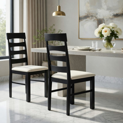  Ensemble de 2 chaises de salle à manger modernes à haut dossier, en faux lin recouvert de bois d'hévéa, avec support ergonomique, noir