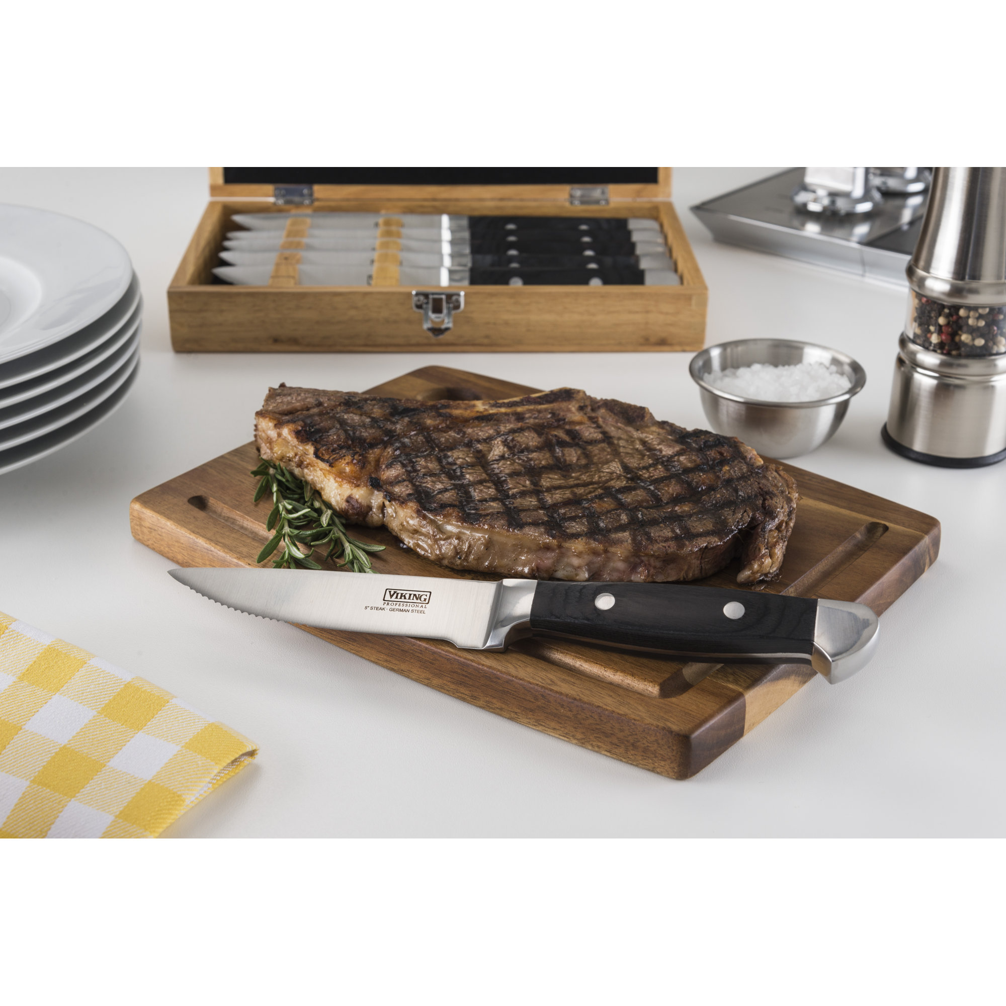Viking Steakhouse Pakka Wood 6-Piece Steak Knife Set with Wooden Box, Black