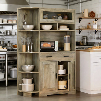 Farmhouse Kitchen Pantry Cabinet With Charging Station, 67-Inch Bakers Rack With Storage Cabinet, Microwave Stand, Coffee Bar, And Buffet Sideboard For Dining Room And Kitchen