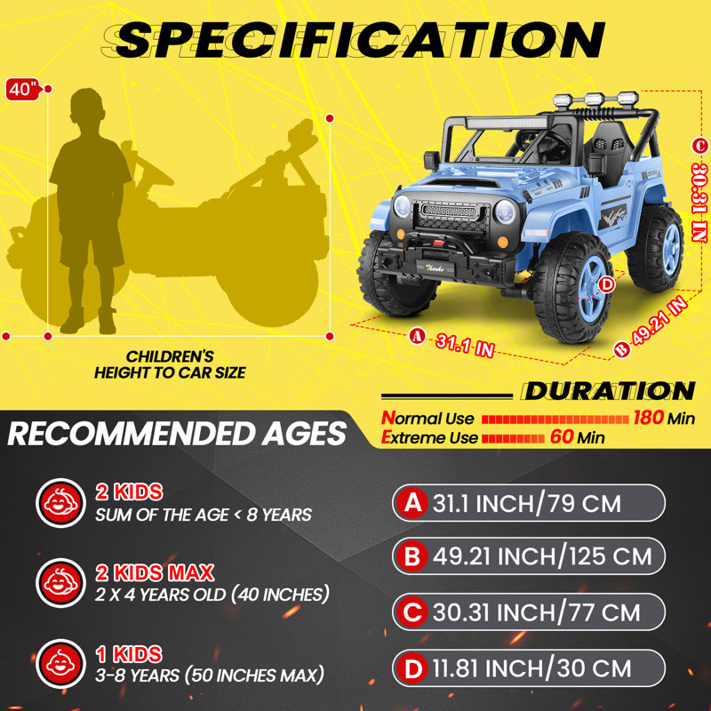 Alex 24V Real 2 Seater Ride On Jeep Truck with Remote Control, 4WD/2WD Kids UTV With 4X200w Powerful Engine, Bluetooth, 20 Wide Seat, Vehicles for Kids Toddlers, Light Blue