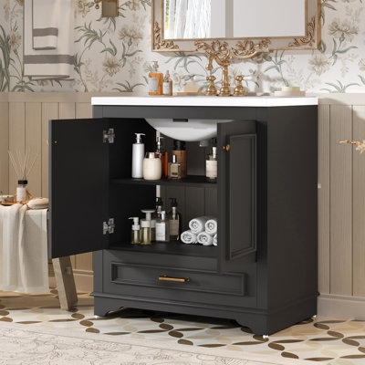Meuble-lavabo de 30,5 po avec lavabo en céramique, deux armoires et tablette réglable - D'inspiration française, peu encombrant, organisation pratique, lavabo de 30 po, tiroir, rangement moderne, glissières coulissantes,