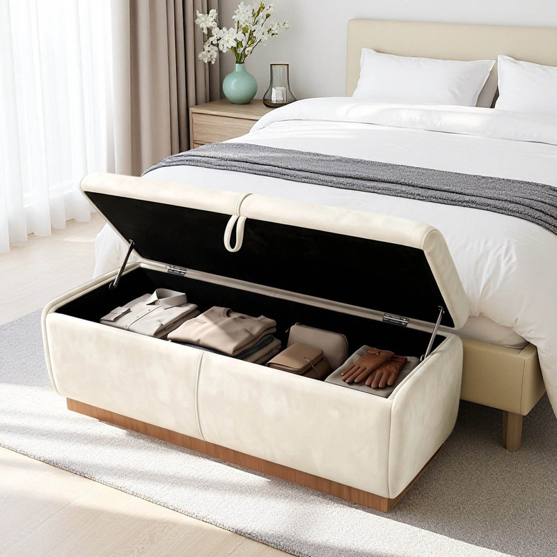 Banc de rangement rembourré en velours de 47,2 po, Beige