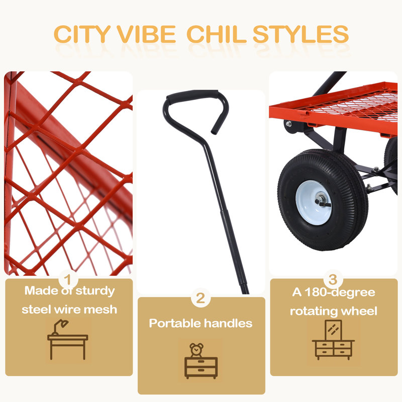 Chariot de jardin en acier, côtés amovibles en maille d'acier, 3 pieds cubes, capacité de 550 lb, Rouge