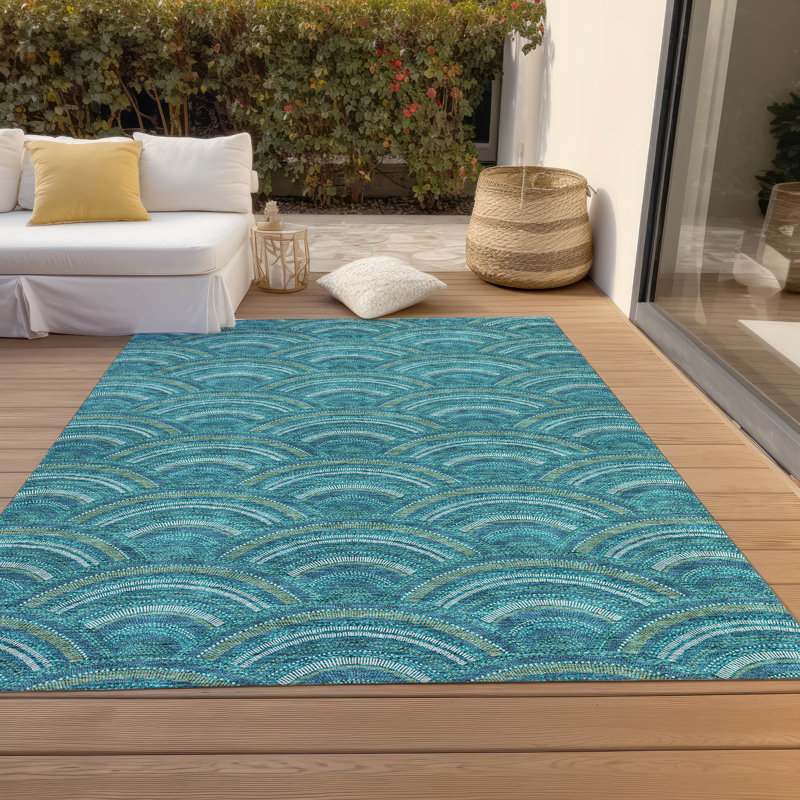 Teal Flat Woven Synthetic Indoor Outdoor Area Rug