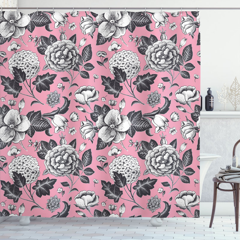 Floral Pink and Black Fabric Shower Curtain with Hooks
