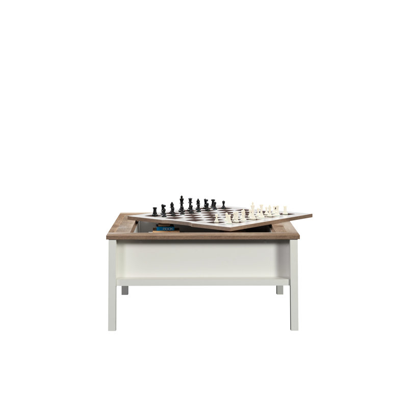 Table carrée blanche pour les jeux et le café, plateau d'échecs amovible, tablette inférieure cachée, détails en chêne, conception, installation rapide, carré de 39,45 pouces, café à finition haute de 18,93 po avec assemblage facile.