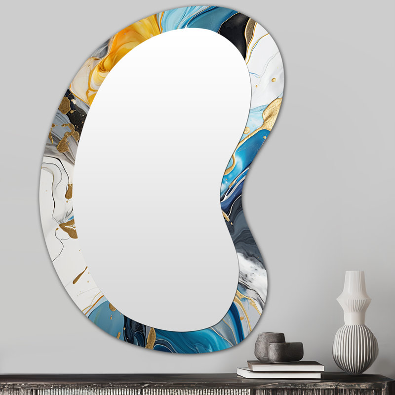 Miroir mural moderne abstrait bleu et jaune à encre liquide bleu et jaune, 31 po x 22 po