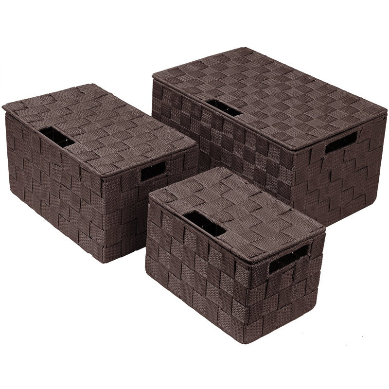 Sorbus Stackable Woven Basket with Lid and Handles 3 Pack, Chocolate