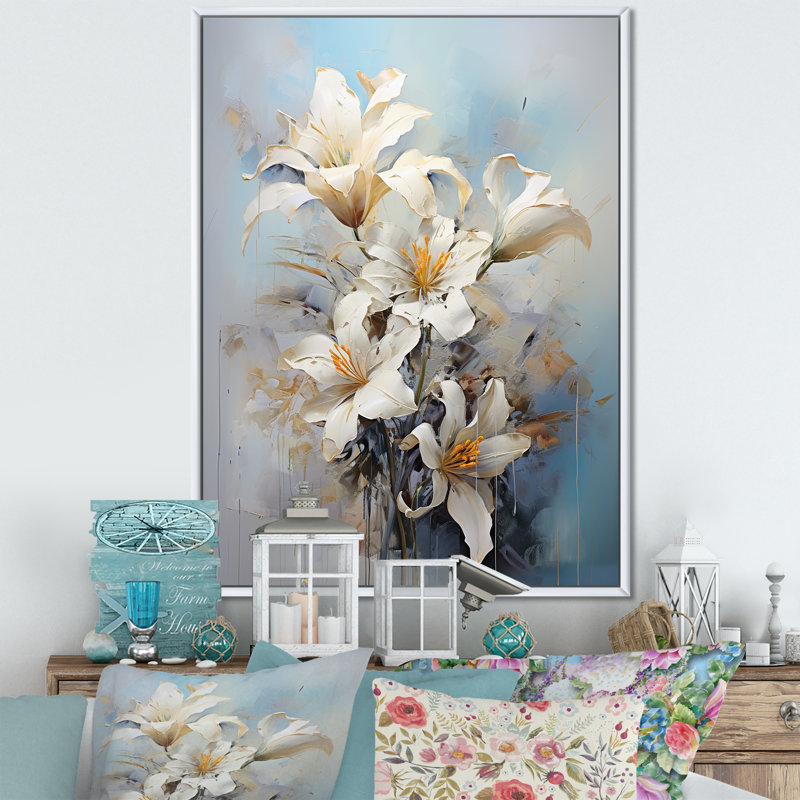 «Lilies Blossoms In Bloom» sur toile, Cadre flottant blanc, H 40 po x l 30 po x P 1,5 po