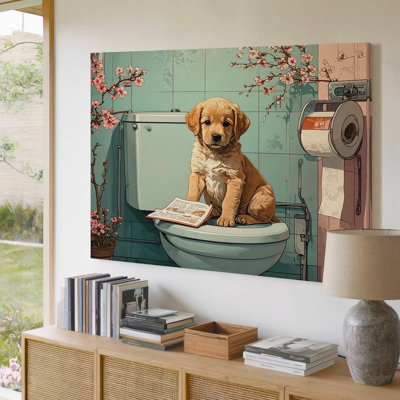 Canvas Wall Art A Cute Puppy Sitting On A Toilet Surrounded By Soft Pastel Colored Walls And A Roll Of Premium Quality Ready To Hang