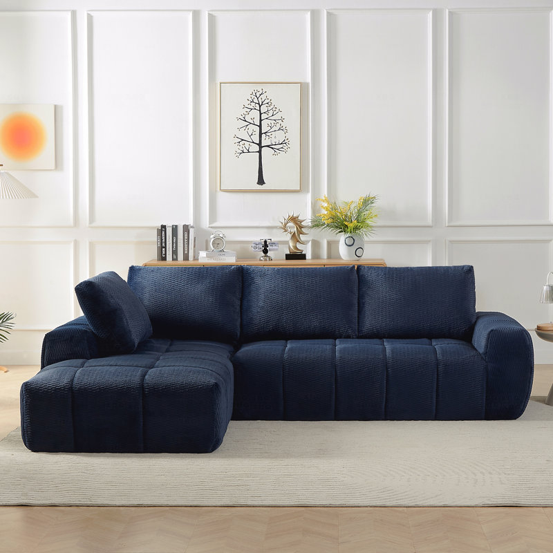 Sleeper, L-Shape Luxury Basic Sectional Sofa Oversized Sofa,Mnimalist Design,Comfy Couch, Blue Faux Fur, Left Hand Facing