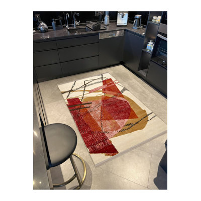 Tapis décoratif rouge moderne à motif abstrait frangé à motifs mixtes et lavable à la machine