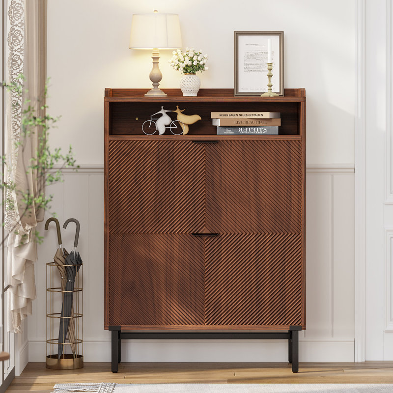 Brulee Modern Style 20 Pairs Tipping Bucket Shoe Storage Cabinet with 2-Storage Shelve, Fluted Shoe Storage Organizer Unit with 2 Flip Drawers & Hidden Storage For Entryway