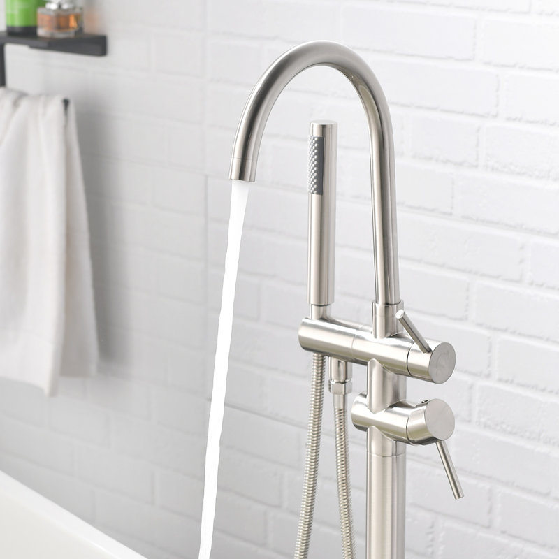 Brushed Nickel Freestanding Floor Mount Tub Filler Faucet with Handheld Shower