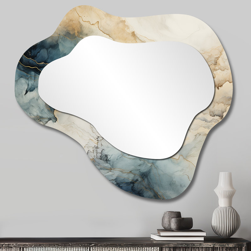 Verina Blue and White Marble River - miroir mural décoratif nuage de marbre, miroir asymétrique moderne, impression d'art en métal
