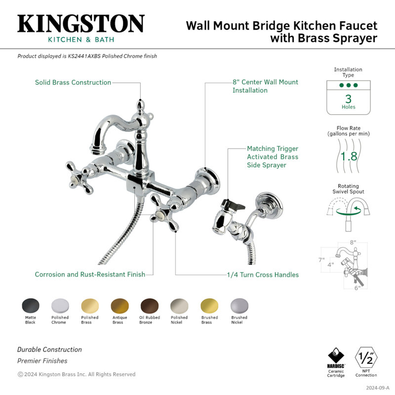 Kingston Brass Heritage Double-Handle 3-Hole Wall-Mount Bridge Kitchen Faucet with Brass Sprayer, Brushed Brass