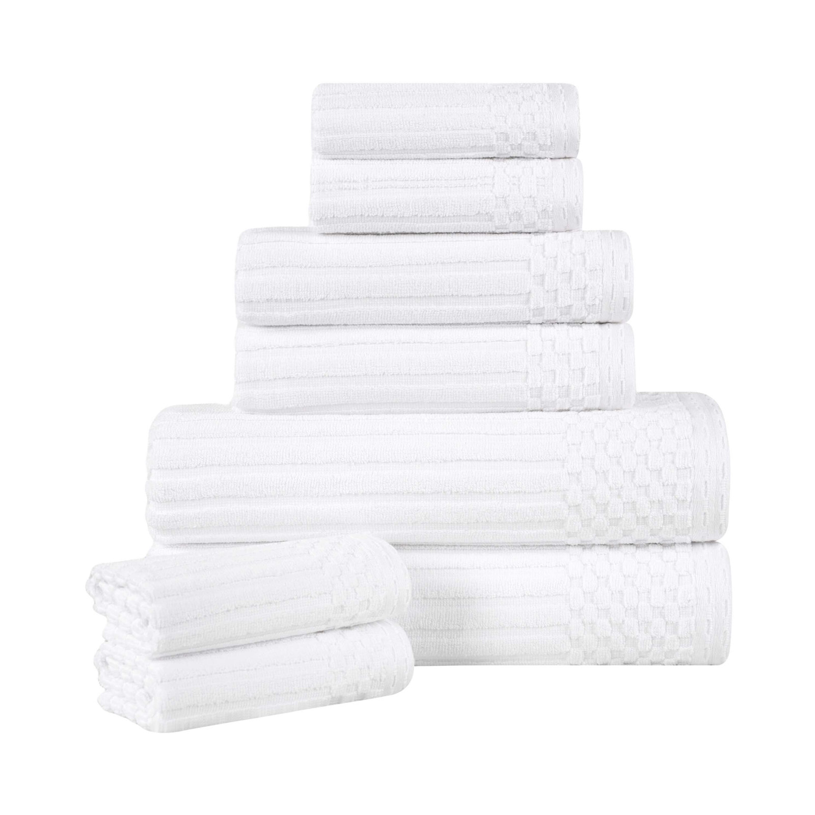 8-Piece Checkered Border Cotton Towel Set, White, 8 Piece Towel set (2-bath, 3-hand, 3-face)