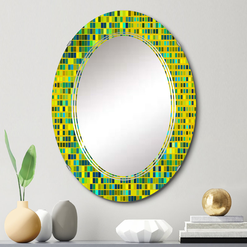 Cubes de Pixel jaune clair bleu clair - Miroir mural à motif ovale, 30 po x 20 po