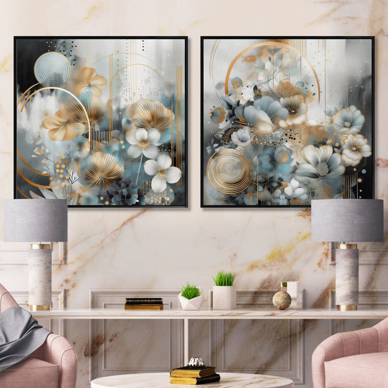 Golden Blue Silky Flower Design - Ensemble de 2 collages floraux carrés, Cadre flottant noir, H 16 po x l 33 po