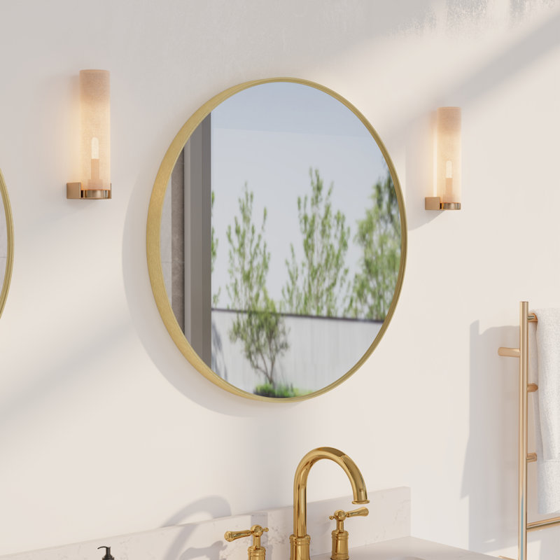 Miroir de salle de bain mural moderne en aluminium anodisé, 24 po x 24 po, Or brossé, Rond