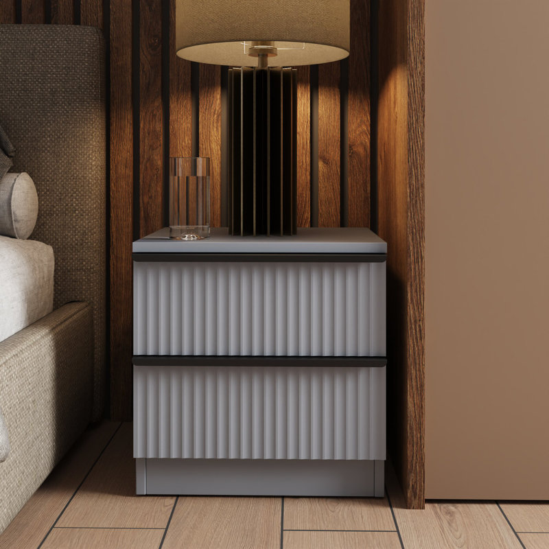 Lania Ripple Ridged 2 Drawer Bedside Table Nightstand Matt Grey