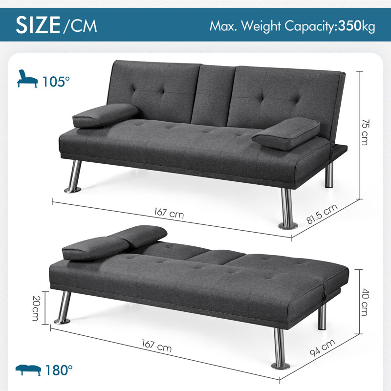 Colour 3-Seater Convertible Futon Sofa Bed, Dark Grey