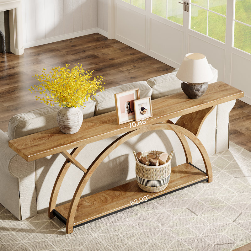 Console 70,87 po avec tablette de rangement, canapé industriel rustique avec cadre en demi-lune pour le hall d'entrée ou le salon
