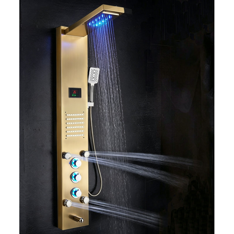 Système de panneau de tour de douche à inverseur à 5 voies avec pomme de douche à pluie à DEL, en or brossé
