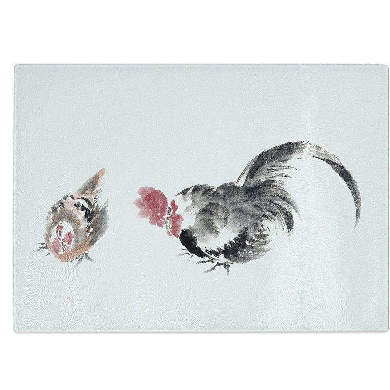Tempered Glass Rooster and Chicken by Katsushika Hokusai Chopping Board, 39 cm W x 28.5 cm L