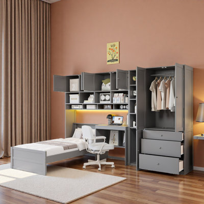 Multifunctional Platform Bed With Desk, Led Light Strip, Wardrobe, Cabinets, 3 Drawers And Storage Shelves