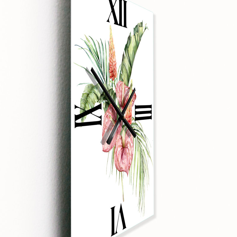 Horloge murale Bouquet tropical avec anthurium lupin et feuilles II, Grand