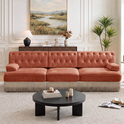 Canapé Chesterfield en velours de 106 po avec jupe à franges