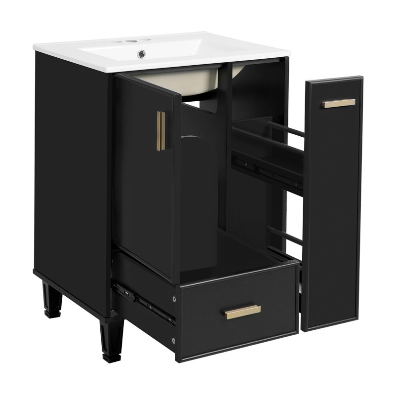 Meuble-lavabo noir 24 po avec lavabo, armoire, tiroir profond et panier coulissant, structure en bois massif et panneau de fibres à densité moyenne | Idée de cadeau