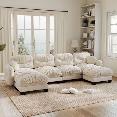 Chenille 4 Seater Modular Sectional U Shaped Couch With Two Ottoman,Pleated Design For Living Room