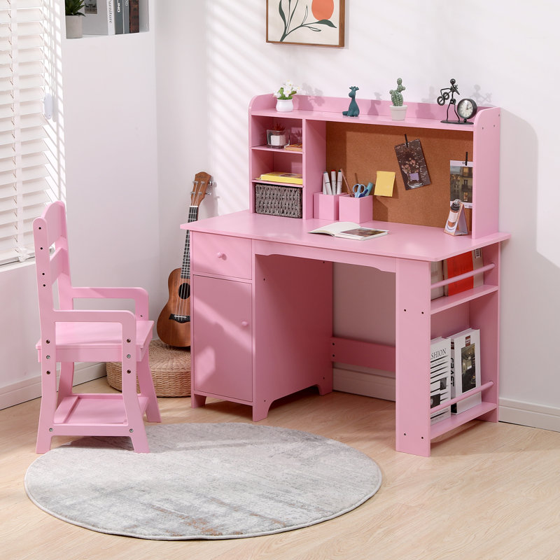 Ensemble de bureau et chaise pour enfants, table d'étude en bois avec tablette de rangement, babillard, ensemble de bureau d'apprentissage pour enfants, table d'écriture