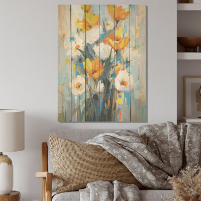 «Blue Tulip Strip», art mural sur bois de pin naturel