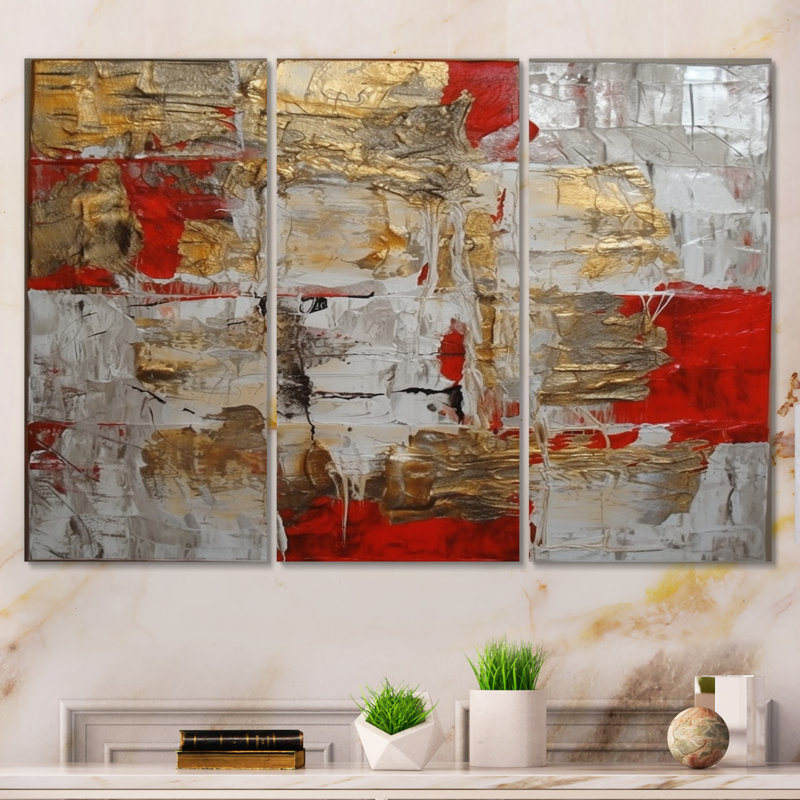 «Cardinal Sin Retro Delight Abstract Red and Gold I» sur toile, 3 pièces, H 40 po x l 60 po x P 1 po