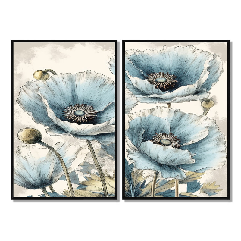 Vibrant bleu blanc pivoine I - art floral pivoines sur toile 2 panneaux, H 36 po x l 48 po, Noir
