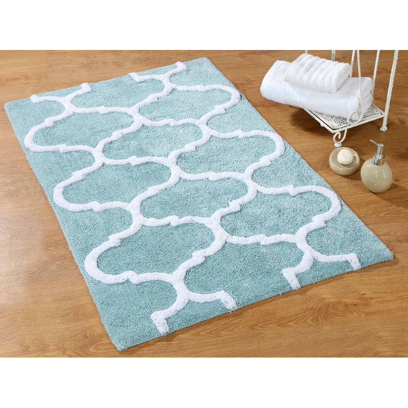 Tapis rectangulaire antidérapant pour salle de bain 100% coton Anastatia, Bleu arctique / blanc, 50 po x 30 po