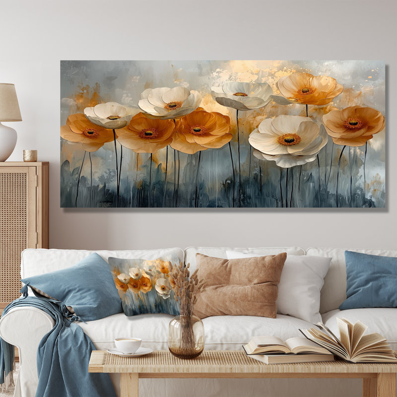 Lueur dorée de fleurs de renoncule champ I - Renoncule, art mural, H 28 po x l 60 po, Toile tendue