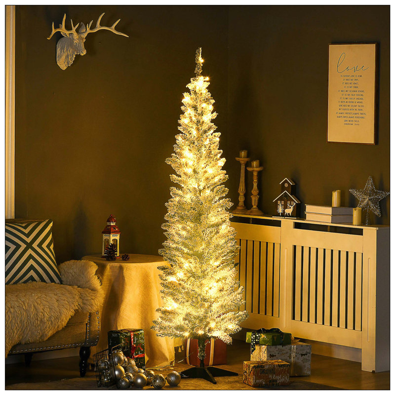 Sapin de Noël artificiel mince pré-éclairé avec 170 lumières DEL blanc chaud et pour la décoration de Noël, H 5,9 pi