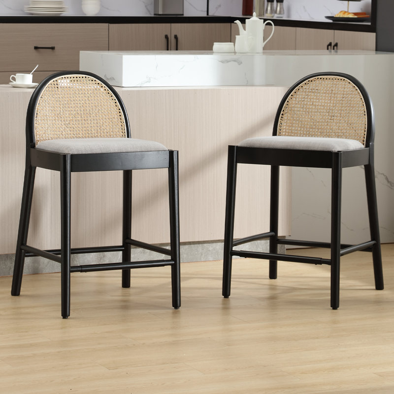 Modern Bar Stools Upholstered Counter Stools With Rattan Backrests And Wood Legs Kitchen Stools For Island, Black/Light Gray