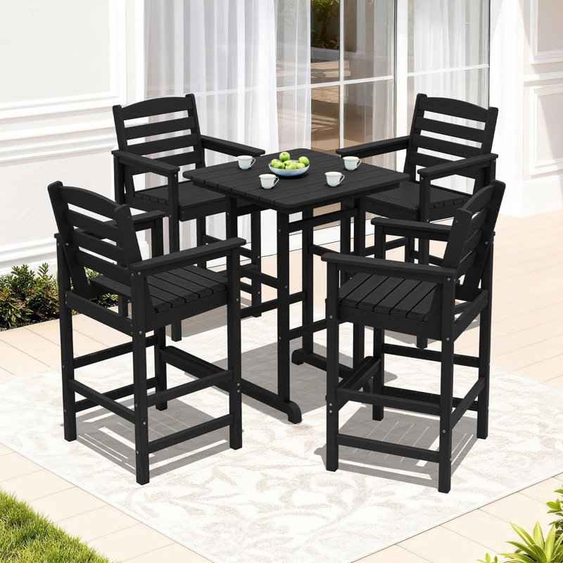 5 Piece Patio Bar Set Black, 1 Table, 4 Chair, Black