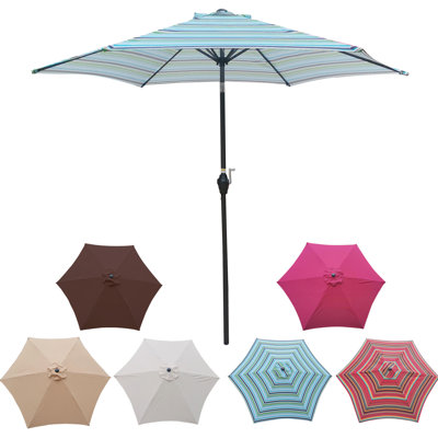 9ft Outdoor Patio Umbrella, Blue Striped Canopy, Hexagon 45 Degrees Tilt, Crank Lift, Steel Pole And Ribs, Water Weather Umbrella With Stripes, 40+ Upf Block, Push Button Opening, Construction, Wind